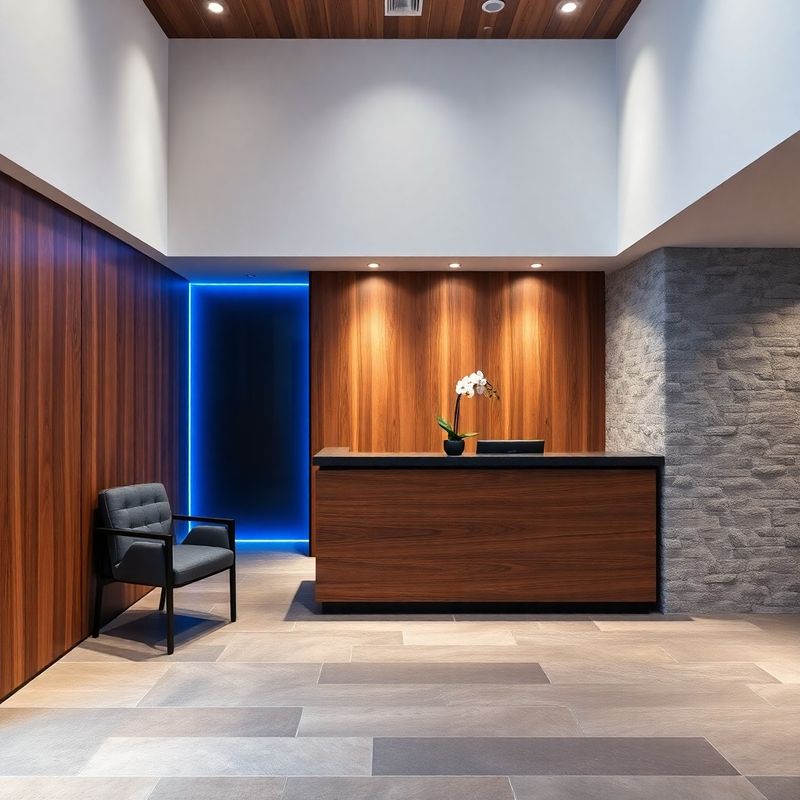 Mirno recepcijsko območje s kamnitim tlakom in lesenimi oblogami